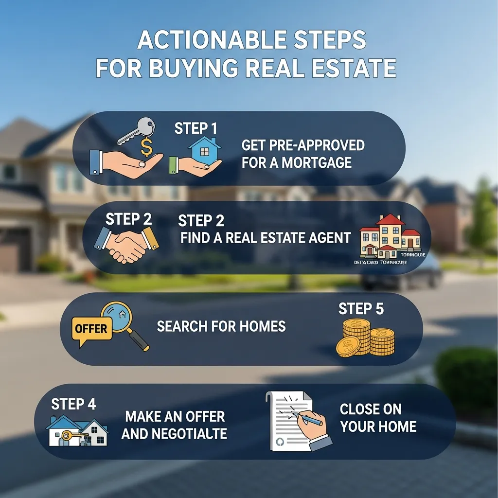 Real estate investment steps showing buyer analyzing property listings and financial growth charts