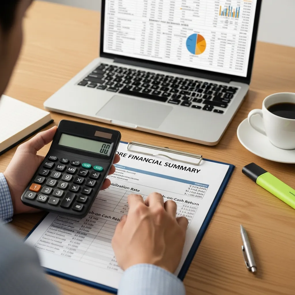 Modern real estate analytics infographic illustrating core calculations in real estate summaries, featuring price per square foot, ROI, cap rate, mortgage estimation, rental yield, total investment cost, and performance metrics in a clean professional financial design.