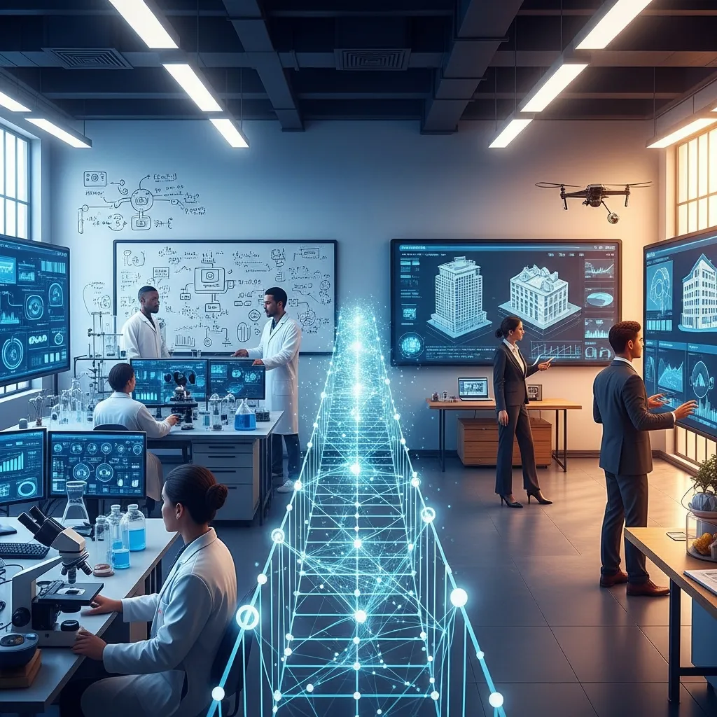 Modern PropTech infographic illustrating translating academic labs into real estate technology solutions, featuring research-to-product pipelines, AI property analytics, data modeling, automation systems, digital twins, smart property management tools, and innovation workflows in a clean futuristic design.