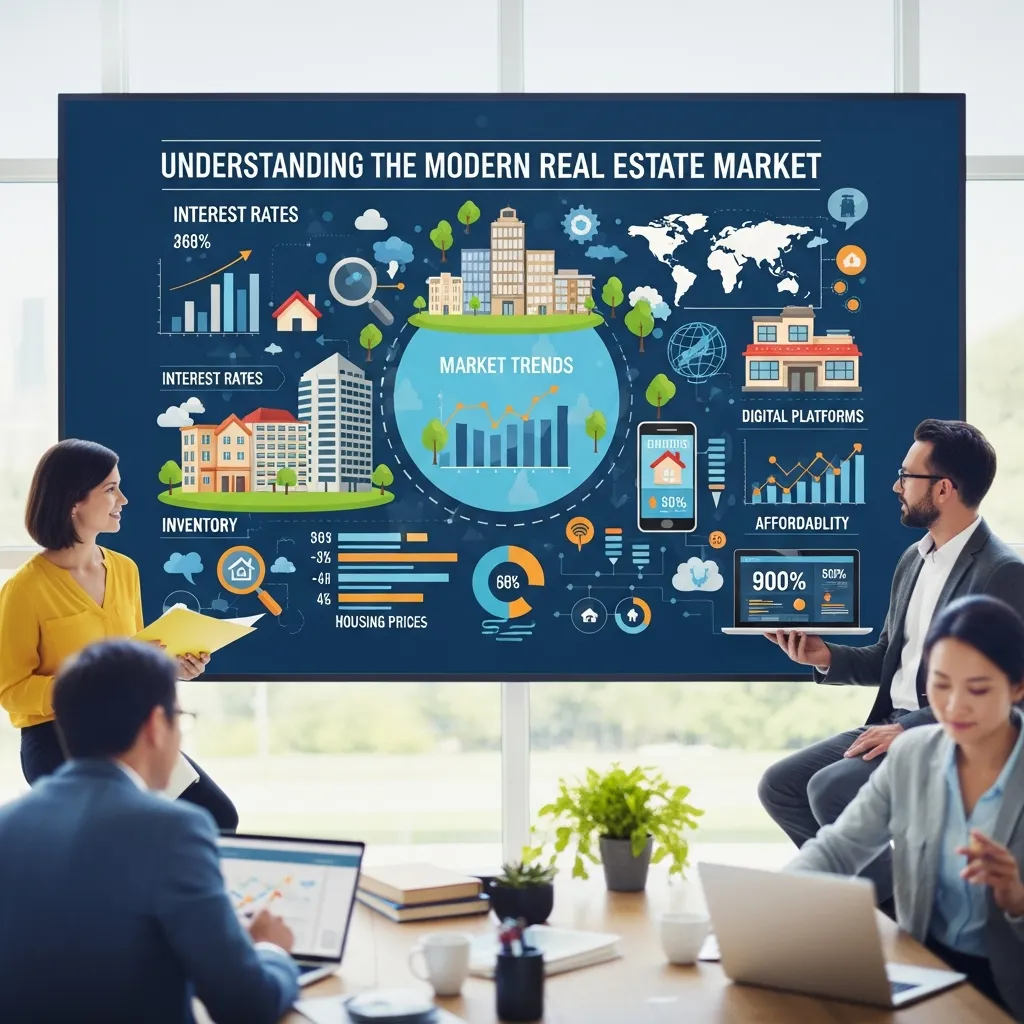 Modern real estate market analysis showing urban buildings, digital charts, and property investment trends