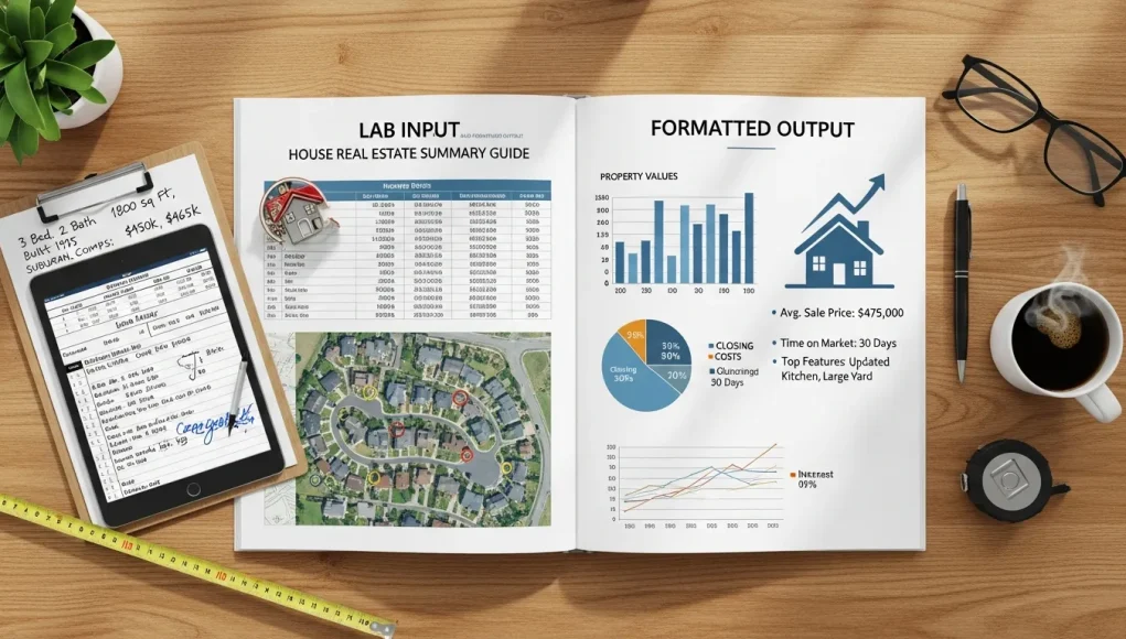 Clean real estate infographic illustrating a lab input and formatted output house summary guide, featuring property data entry fields, automated report generation, key metrics like price, location, square footage, and structured real estate summary dashboard in a modern professional design.