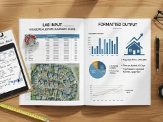 Lab Input and Formatted Output House Real Estate Summary Guide Clean real estate infographic illustrating a lab input and formatted output house summary guide, featuring property data entry fields, automated report generation, key metrics like price, location, square footage, and structured real estate summary dashboard in a modern professional design.