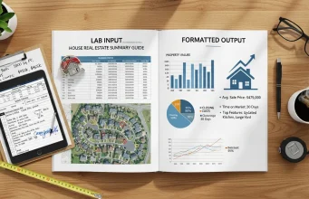 Lab Input and Formatted Output House Real Estate Summary Guide Clean real estate infographic illustrating a lab input and formatted output house summary guide, featuring property data entry fields, automated report generation, key metrics like price, location, square footage, and structured real estate summary dashboard in a modern professional design.