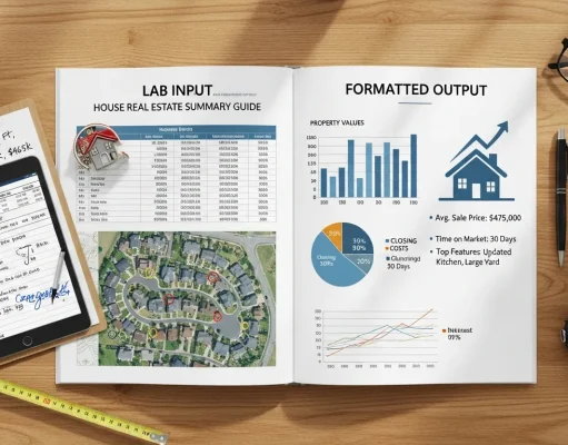 Lab Input and Formatted Output House Real Estate Summary Guide Clean real estate infographic illustrating a lab input and formatted output house summary guide, featuring property data entry fields, automated report generation, key metrics like price, location, square footage, and structured real estate summary dashboard in a modern professional design.