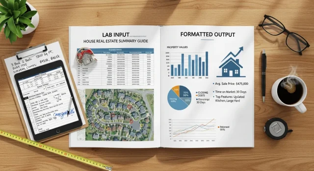 Lab Input and Formatted Output House Real Estate Summary Guide Clean real estate infographic illustrating a lab input and formatted output house summary guide, featuring property data entry fields, automated report generation, key metrics like price, location, square footage, and structured real estate summary dashboard in a modern professional design.