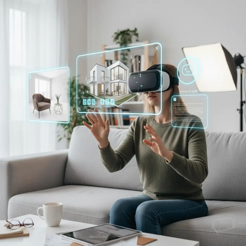 Digital Tools and Virtual Experiences: A potential homebuyer wearing a VR headset and interacting with a 3D virtual tour of a modern house, complete with interactive floor plan overlays, augmented reality furniture staging, and chatbot interface icons floating around.