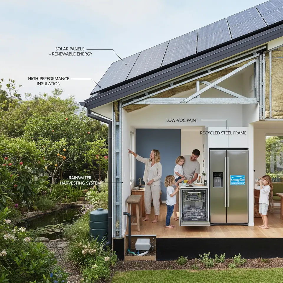 Energy-Efficient Design and Materials: A cutaway view of a contemporary eco-friendly home showcasing solar panels on the roof, high-performance insulation layers, recycled steel framing, low-VOC paint, and ENERGY STAR® appliances, set in a lush green landscape with labels highlighting each sustainable feature.