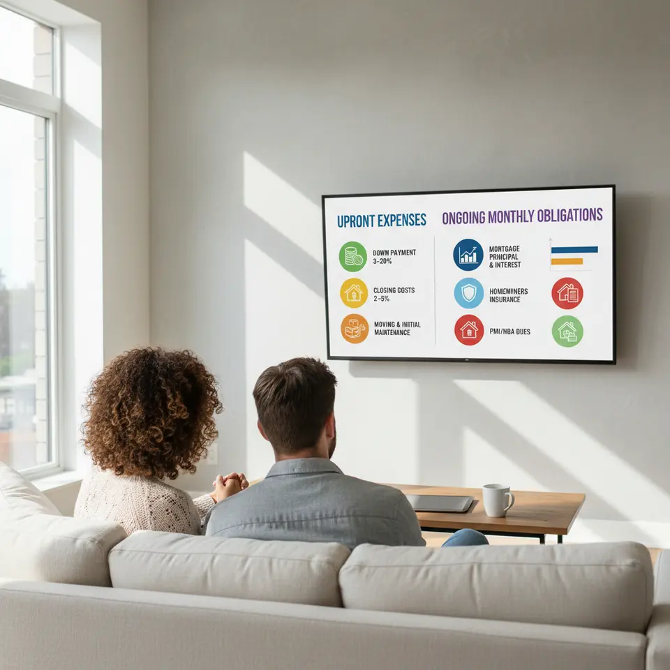 Infographic-style breakdown of homebuying costs: a split graphic showing “Upfront Expenses” (down payment 3–20%, closing costs 2–5%, moving & initial maintenance) alongside “Ongoing Monthly Obligations” (mortgage principal & interest, homeowners insurance, property taxes, PMI/HOA dues), each with distinct icons and color-coded segments.