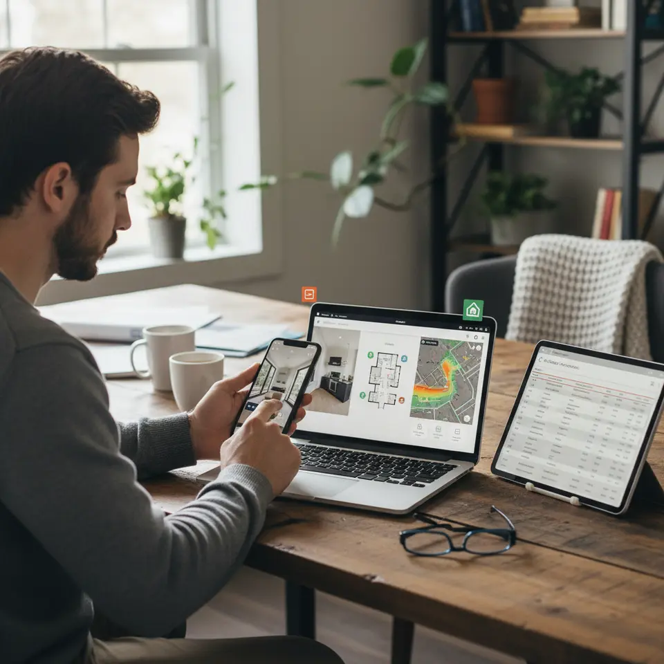 A tech-driven home search scenario: a buyer at a desk with a smartphone displaying a virtual home tour, a laptop open to an interactive floor plan and neighborhood heat map, and a tablet showing a comparison spreadsheet of listings—visualizing the use of multiple real estate apps and digital tools in parallel.