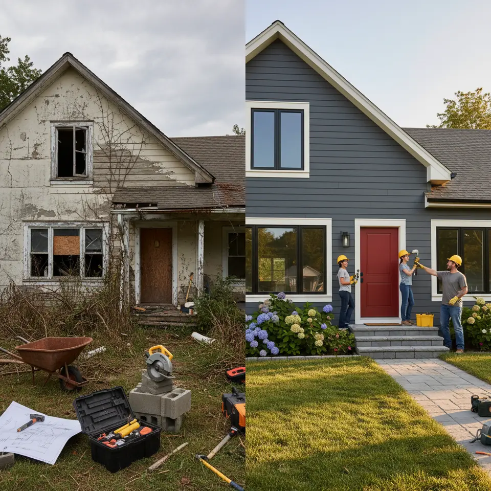 Fix-and-Flip Projects: a split‐scene illustration showing a rundown, distressed house on one side—with overgrown yard, cracked siding, construction tools and blueprints—and on the other side the same home fully renovated, freshly painted with modern finishes and happy contractors at work