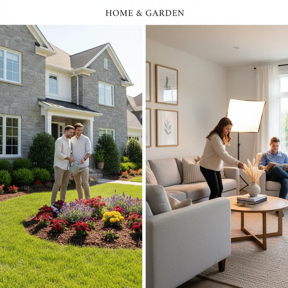 Enhancing Curb Appeal and Staging: a vibrant exterior view of a house with manicured lawn, trimmed hedges, colorful seasonal flowers and fresh mulch, alongside an interior staging scene featuring neutral decor, tastefully arranged furniture, decorative accents and professional photography lighting
