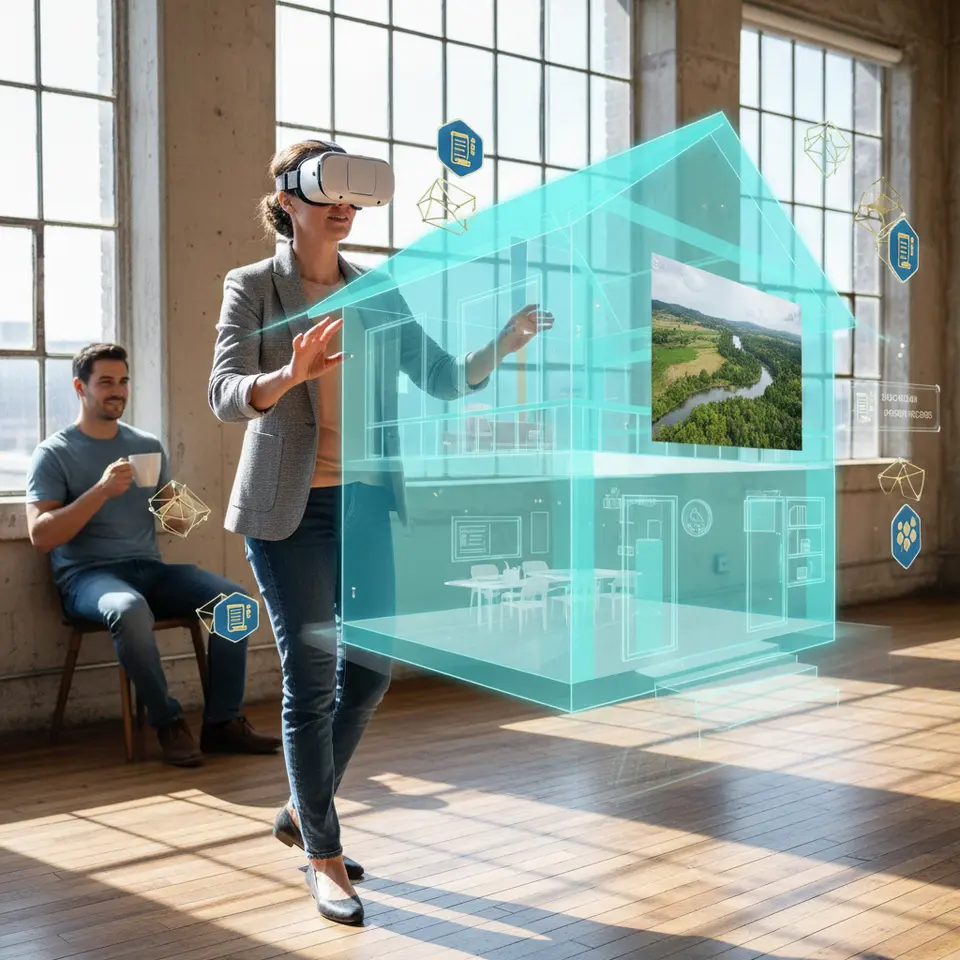 Futuristic real estate technology showcase: a homebuyer wearing a VR headset as a 3D digital walkthrough of a modern house appears around them, with drone aerial footage overlay and floating blockchain icons representing secure title records.