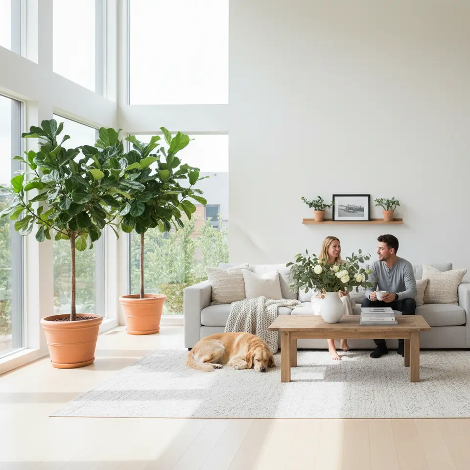 Stylishly staged home interior: a bright, clutter-free living room with neutral color palette, natural light streaming through large windows, minimal décor, and touches of greenery (potted plants, fresh flowers) to evoke maximum buyer appeal.