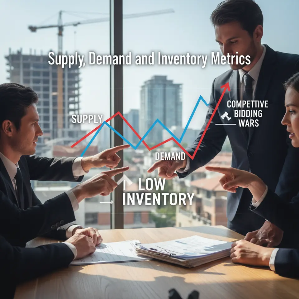 Supply, Demand, and Inventory Metrics: A dynamic infographic-style scene showing rows of houses, construction cranes and permit documents, overlaid with supply-and-demand curves and arrows indicating low inventory and competitive bidding wars
