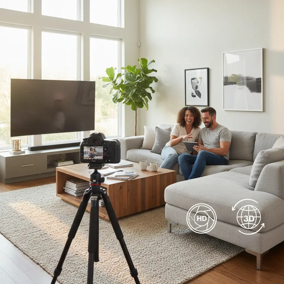 Enhancing Property Appeal: A beautifully staged living room with modern furniture and décor, soft ambient lighting, a professional camera on a tripod capturing the scene, plus floating icons representing high-resolution photography and a 3D virtual tour interface