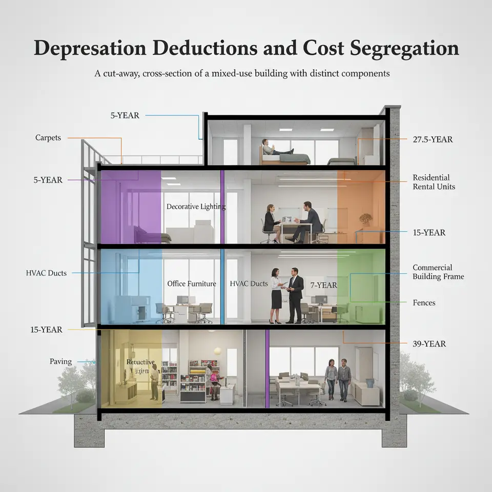 Depreciation Deductions and Cost Segregation – A cut-away, cross-section of a mixed-use building with distinct components (carpets, lighting, HVAC, land improvements) color-coded and labeled according to their accelerated depreciation classes (5-year, 7-year, 15-year, 27.5-year, 39-year).