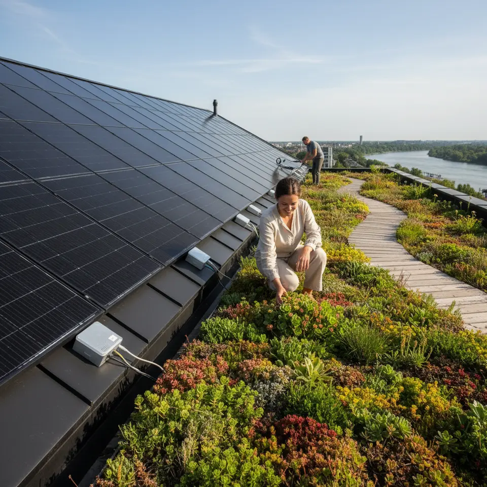 A rooftop split view showing a modern home with sleek solar panels equipped with microinverters on one side and a lush green roof planted with native sedum and drought-tolerant vegetation on the other, illustrating renewable energy integration and stormwater management.