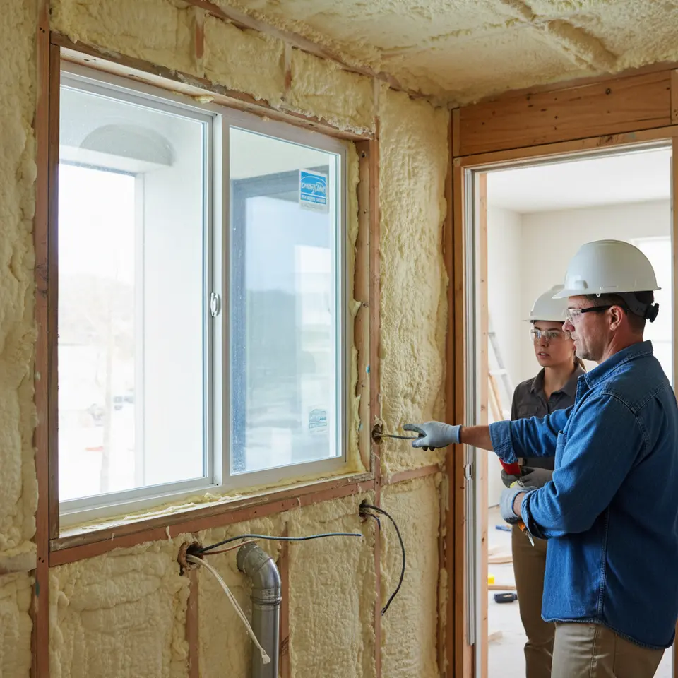 A detailed building-envelope cross-section of a home wall and window assembly, featuring high-performance spray-foam insulation in walls and attic, ENERGY STAR Low-E argon-filled windows, sealed wiring and duct penetrations with foam and caulk, and a tight door frame to prevent drafts.