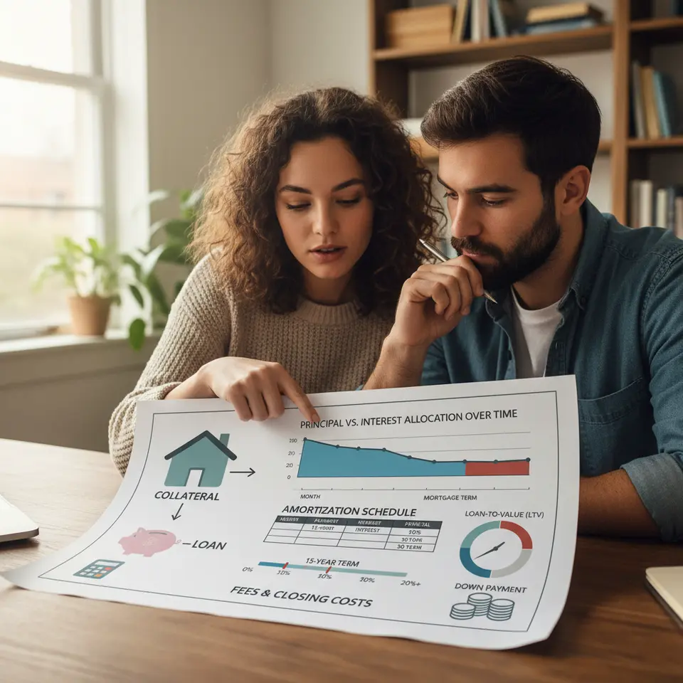 Infographic of core mortgage components showing a house as collateral, a timeline chart of principal vs. interest allocation over time, an amortization schedule with 15/30-year term markers, a loan-to-value gauge with a down payment slider, and icons for fees and closing costs